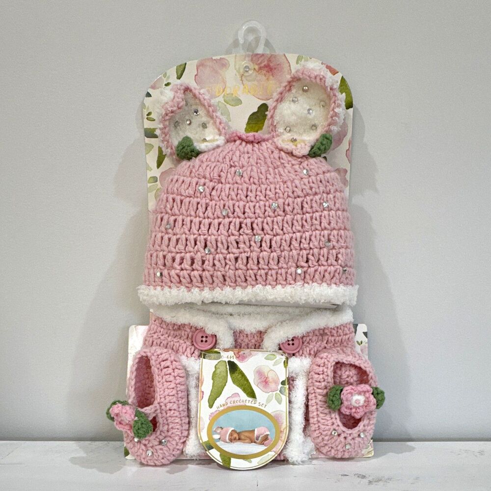 NWT So'Dorable 3pc Pink Bunny Photo Op Knit Floral Hat Diaper Cover Booties 0-6M
